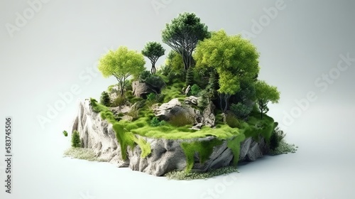 Green island with trees and grass on white background. Generative AI