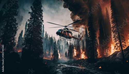 helicopter in the forest with fire and smoke. Generative AI
