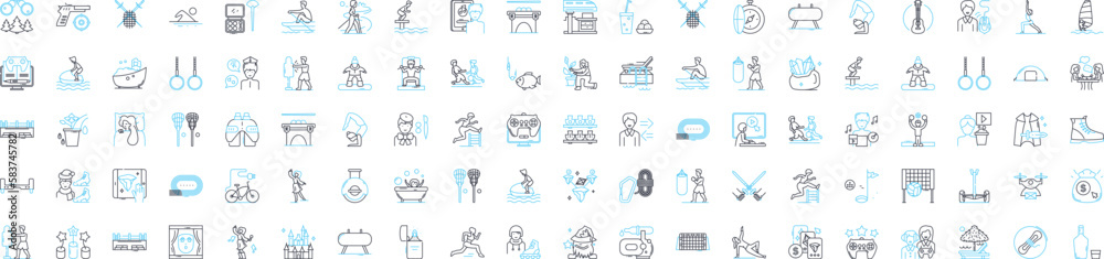 Leisure activities vector line icons set. Hiking, Bowling, Camping, Gardening, Swimming, Fishing, Yoga illustration outline concept symbols and signs