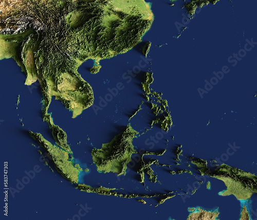 Photography 3d illustration of a highly detailed map of Southeast Asia