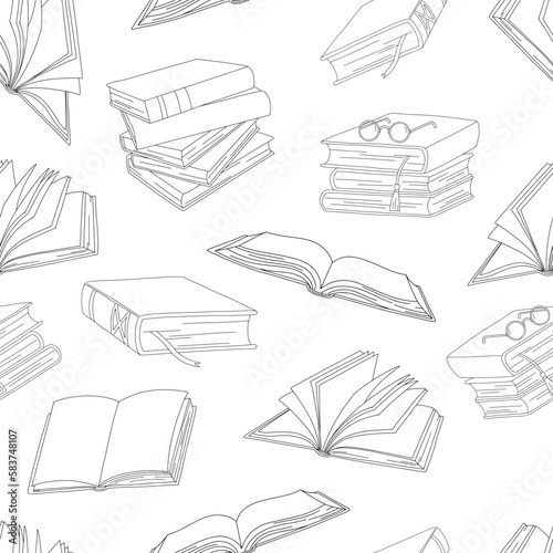 Vector line seamless pattern. Books with bookmark, open book.