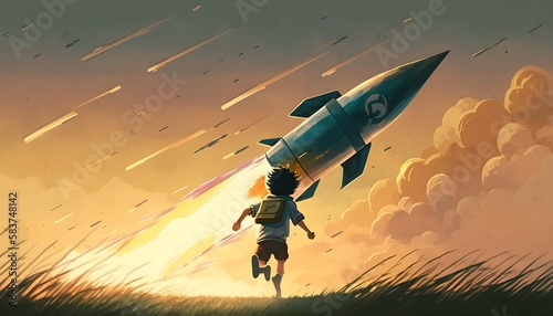 boy with a big rocket mounted on his back running in the filed at sunset, digital art style, illustration painting, Generative AI