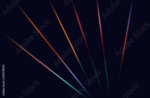 Reflection beam prism, lens. Rainbow, colorful spectrum, flash of bright crystal light beam, a glowing lasar ray. Flicker or focus, shine through the prism of the lens, broken line of light. Vector.