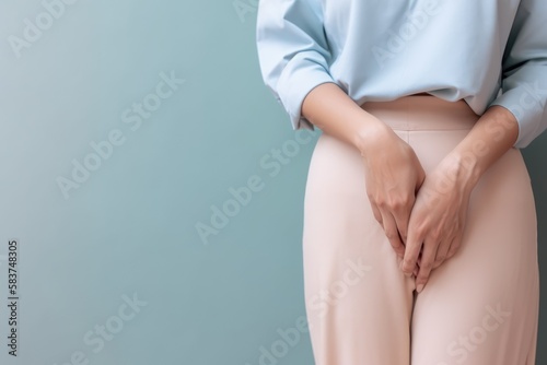 A woman with her hands on her hips is standing in front of a blue background. Generative AI