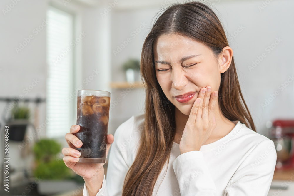Health asian young woman touching her mouth, expression, suffering from