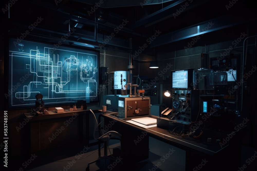 Dark mysterious laboratory with computer Dark mysterious laboratory with computer