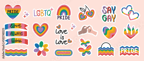 Happy Pride LGBTQ element set. LGBTQ community symbols with floral rainbow, butterfly, quote. Elements illustrated for pride month, bisexual, transgender, gender equality, sticker, rights concept.