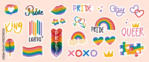 Happy Pride LGBTQ element set. LGBTQ community symbols with floral rainbow, jigsaw, quote. Elements illustrated for pride month, bisexual, transgender, gender equality, sticker, rights concept.