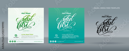 Handwriting Calligraphy Selamat Hari Raya Idul Fitri Translation of Happy Eid Mubarak in Indonesian. Greetings card on blue green background and mandala ornament - Template for social media feed post