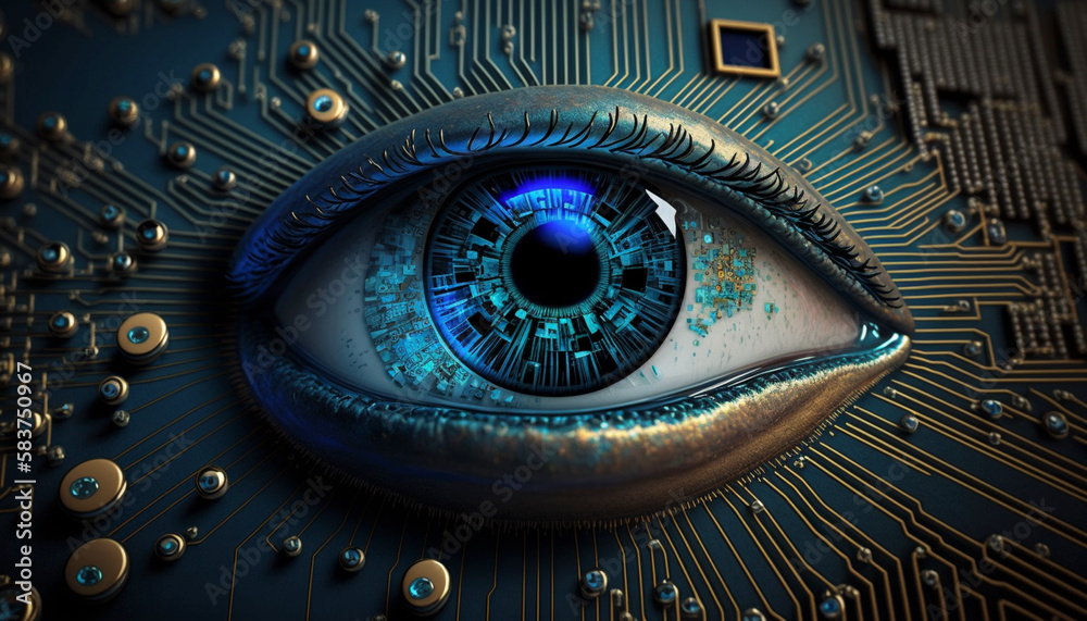 blue eye on circuit board with microchips closeup Ai.Generative AI.