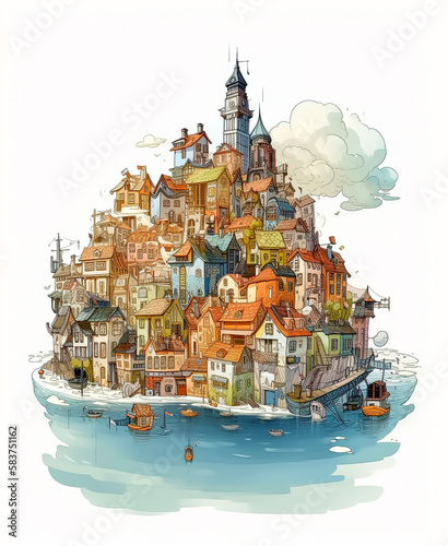 Scenic view of a town on the ocean with Clock tower, ship, white background, cartoon illustration created with AI © Zoran Karapancev