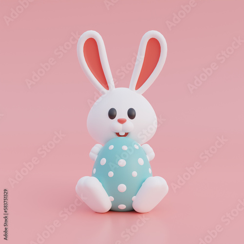 Cute cartoon bunny and easter eggs isolated on pink background. Happy Easter day. International Spring Celebration. 3d rendering.