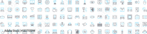 Audio video production studio vector line icons set. Recording, Mixing, Mastering, Editing, Dubbing, Broadcasting, Commercials illustration outline concept symbols and signs photo