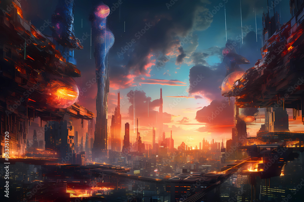 a beautiful sunset in a futuristic city. digital art illustration