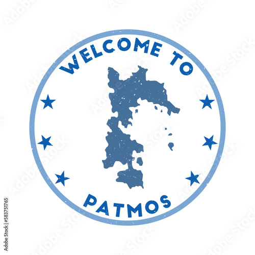Welcome to Patmos stamp. Grunge island round stamp with texture in Wing Commander color theme. Vintage style geometric Patmos seal. Cool vector illustration.