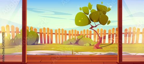 Cartoon backyard view from open glass door on wooden patio. Vector illustration of house porch, home garden with green grass and tree, stone footpath, wooden fence under blue sky. Summer barbecue area