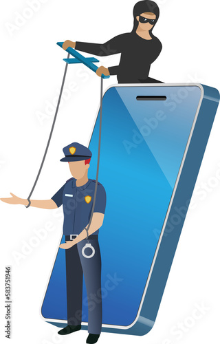 Hacker with puppet police online phishing money victim. Digital cyber crime, hacking, phishing, scam alert and cyber security awareness concept.