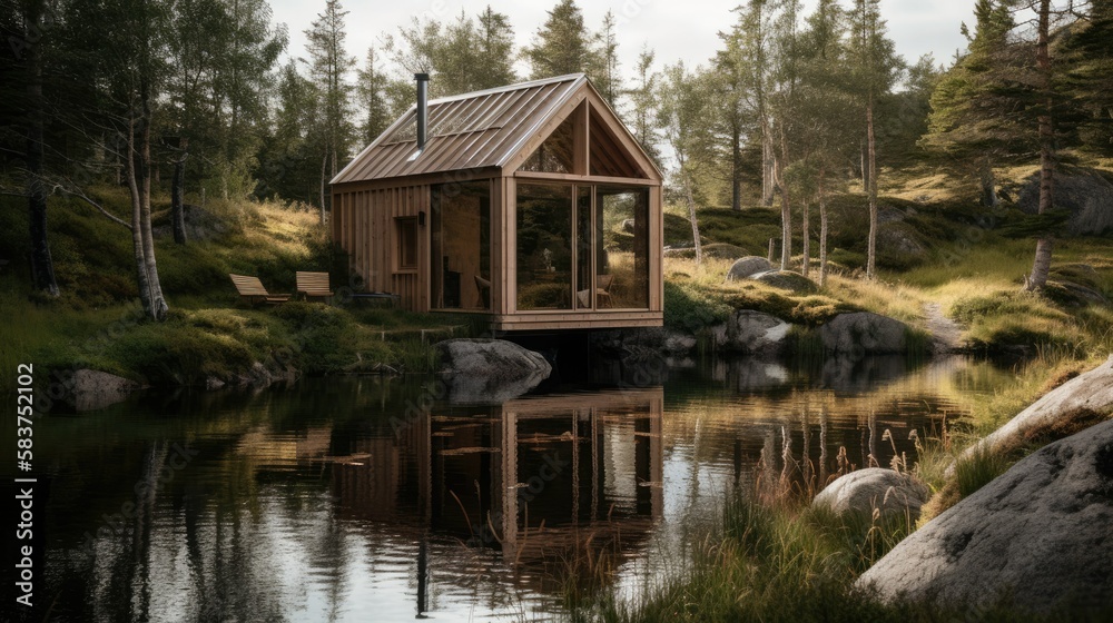 Modern wooden cabin on a river in a forest. Generative AI illustration.