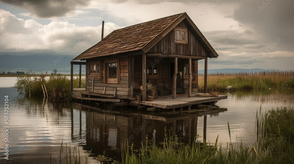 Old wooden house on a lake. Generative AI illustration. Old wooden house on a lake. Generative AI illustration.
