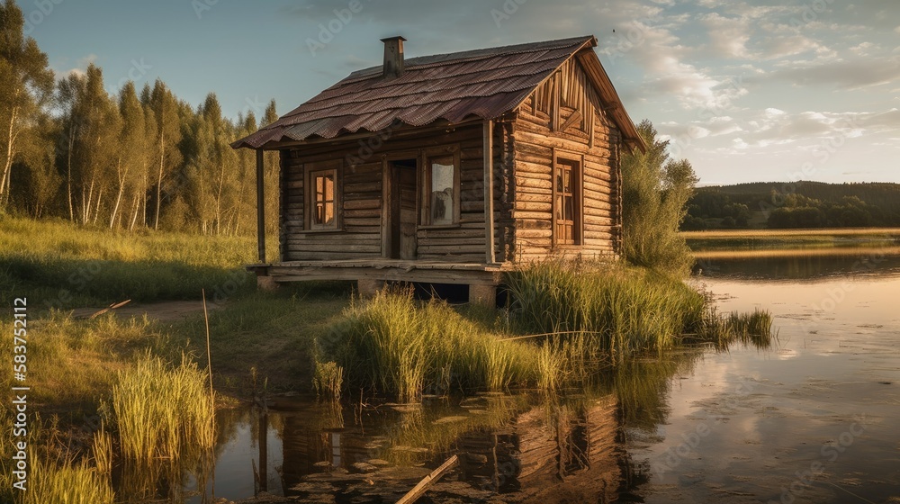 Illustration of an old wooden cabin bordering a river. Generative AI. Illustration of an old wooden cabin bordering a river. Generative AI.