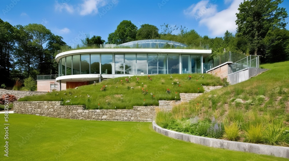 Modern house exterior with large glass windows and a garden. Generative AI illustration. Modern house exterior with large glass windows and a garden. Generative AI illustration.
