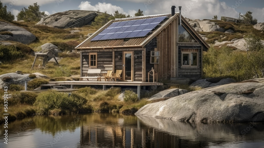 Fototapeta premium Wooden house with solar panels on the roof, bordering a lake in the tundra. Generative AI illustration.