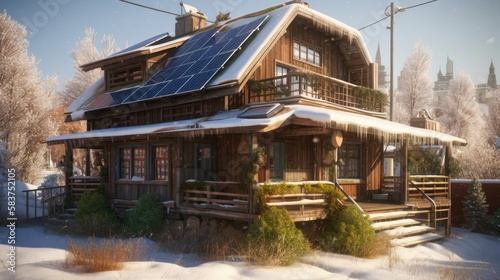 Modern large cabin in the snow. Wooden house with solar panels on the roof. Generative AI illustration.