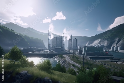 Panorama of a powerplant in the mountains. Generative AI illustration. photo