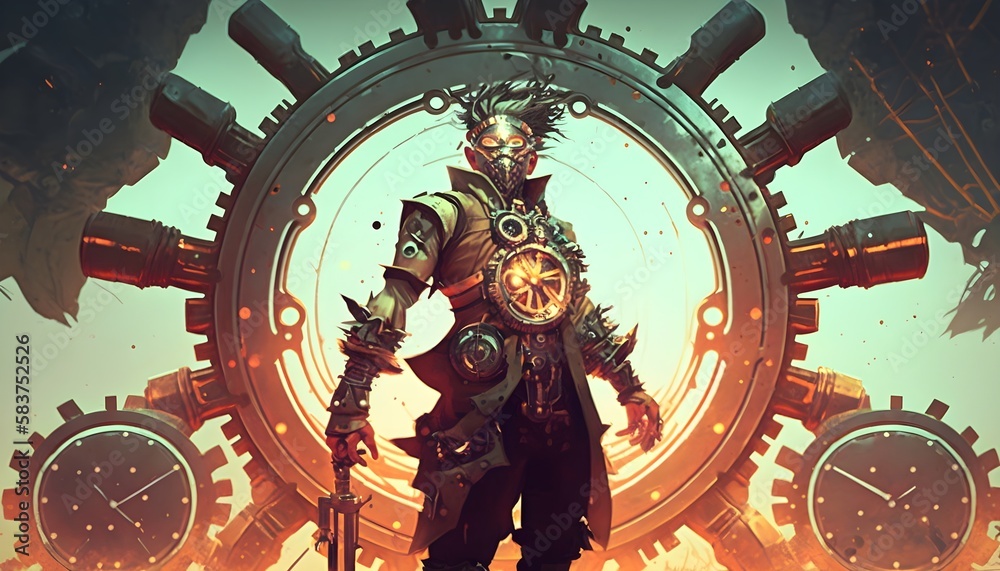 cyborg man standing on cogs gears wheels steampunk elements background, digital art style, illustration painting, Generative AI