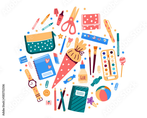 School supplies in round shape or banner.Vector illustration in flat style