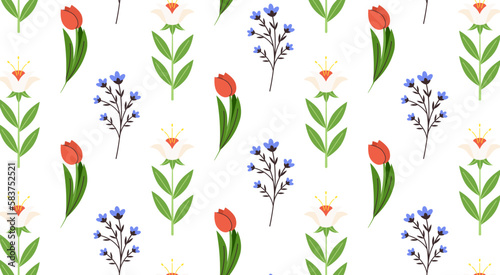 Seamless floral pattern. Spring garden and field flowers, repeating print. Botanical background, texture design for textile, fabric, wrapping. Vector wallpaper in flat style