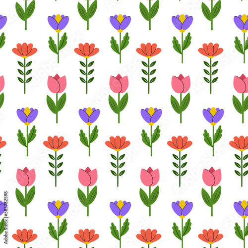 Seamless garden flowers pattern. Spring and summer floral, repeating print. Botanical background, texture design for textile, fabric, wrapping. Vector wallpaper in flat style