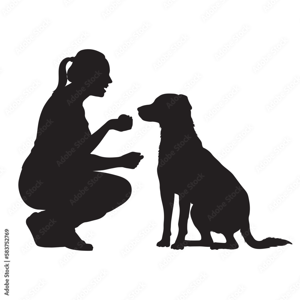Girl teaching labrador retriever dog vector silhouette.