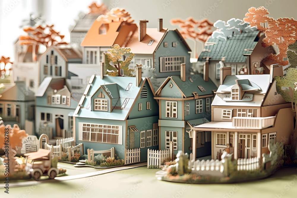A charming village scene in paper art style