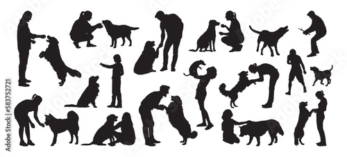 People playing with dog various collection set vector silhouette.