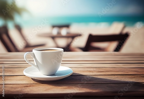 Beautiful Beach Background with White Table, Closeup of Coffee Cup and Outdoor Blissful Blur