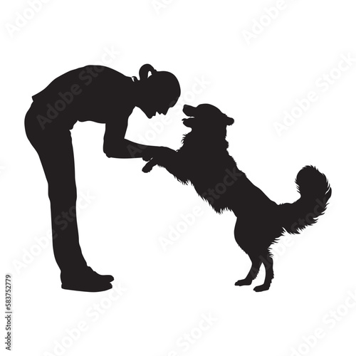 Young woman teaching cute dog vector silhouette.