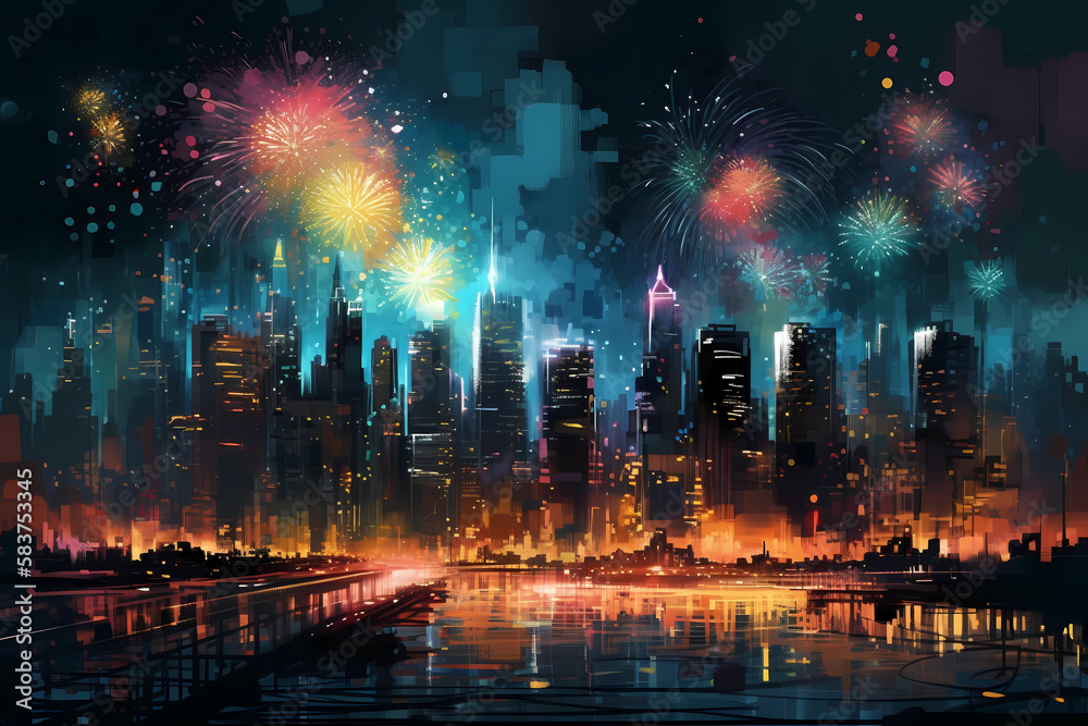 A colorful firework in the night. digital art illustration