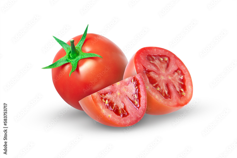 Tomato with half slice tomatoes isolated on white background. Tomato with half slice tomatoes isolated on white background.