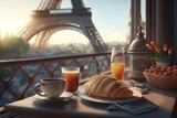 French breakfast with croissant, coffee and orange juice on the balcony with view to the Eiffel Tower created with Generative AI technology