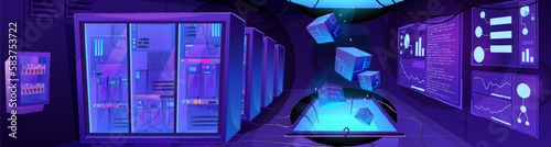 Data center room interior with server equipment. Vector cartoon illustration of office with blockchain hardware, blue neon cubes, analytical diagrams on computer screens. Information processing tech