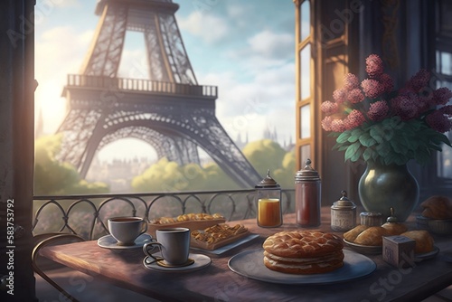 Breakfast in Paris. Table with cake and coffee on the balcony with view to the Eiffel Tower created with Generative AI technology