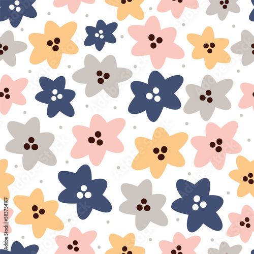 Seamless Vector Pattern with Cute flowers and dots. Cute drawing doodle style on white background. Design for fashion prints, paper goods, background, wallpaper, wrapping, fabric and more
