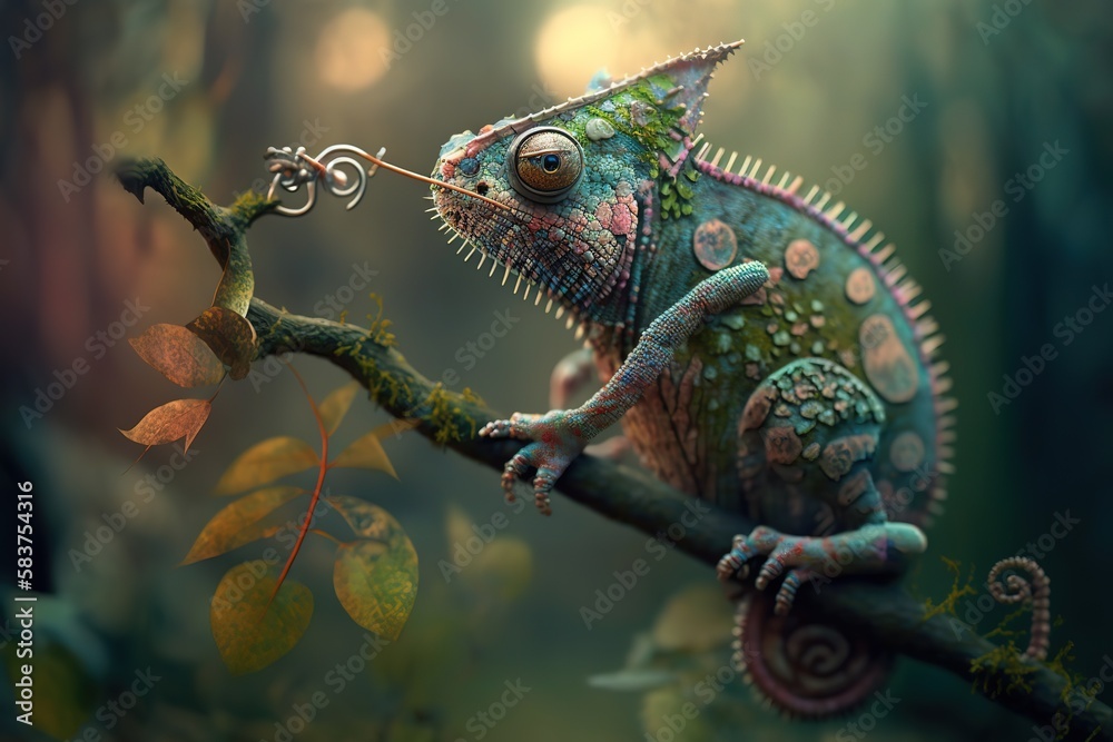 Amazing chameleon sitting on mossy twig on Madagascar and eating animal Amazing chameleon sitting on mossy twig on Madagascar and eating animal