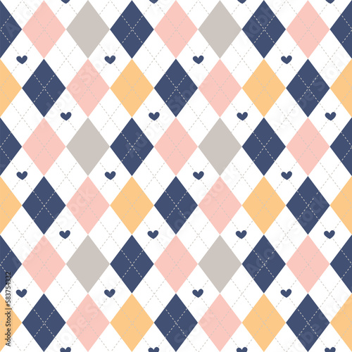 Pastel Argyle Seamless Pattern with hearts. Cute romantic Fabric texture background. design for knitted garment such as sweaters, socks and all your creative project. Vector illustration