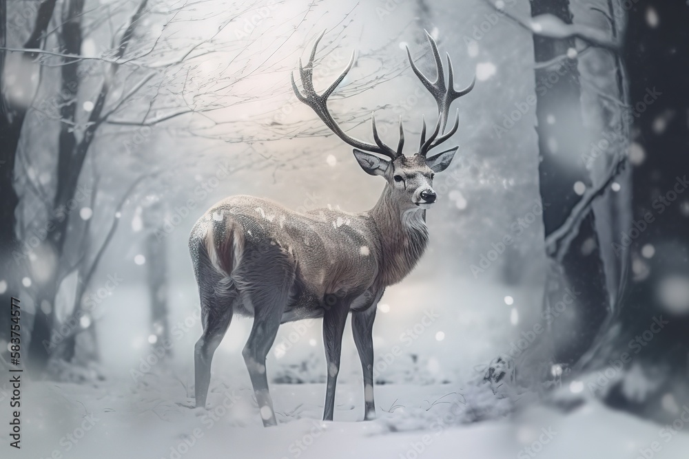Noble deer male in winter snow forest. Artistic winter christmas landscape Noble deer male in winter snow forest. Artistic winter christmas landscape
