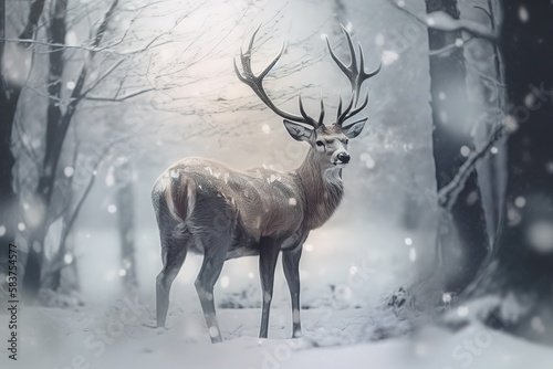 Noble deer male in winter snow forest. Artistic winter christmas landscape