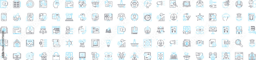 Internet marketing strategy vector line icons set. SEO, Pay-per-click, Social, Content, Email, Analytics, Affiliate illustration outline concept symbols and signs Internet marketing strategy vector line icons set. SEO, Pay-per-click, Social, Content, Email, Analytics, Affiliate illustration outline concept symbols and signs