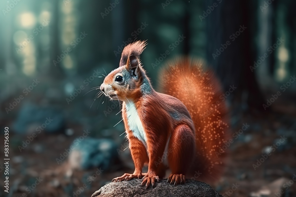 Funny red squirrell standing in the forest like Master of the Universe Funny red squirrell standing in the forest like Master of the Universe