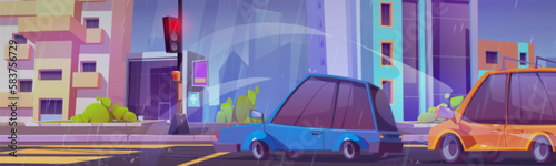 Cartoon city street with cars in rainy weather. Vector illustration of autos stop on crossroads under red traffic light, summer rainfall in town, houses and green bushes on sidewalk. Urban background